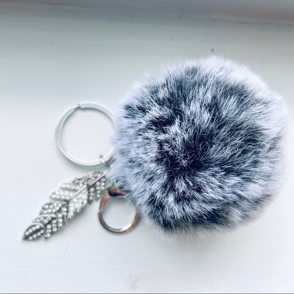 3/$20 Pom ball Keychain Grey with feather accent